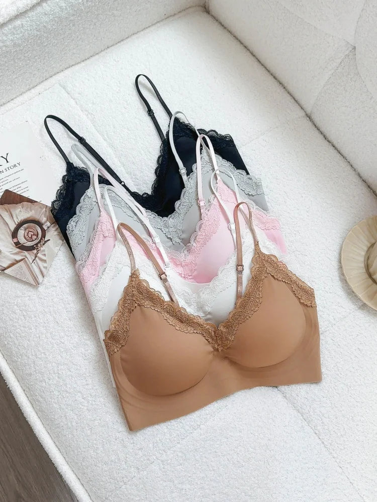 French Lace Bra V Neck Seamless Bra Women's Adjustable Thin Strap Wireless Thin Cup Layering Base Intimates Lingerie Solid S-XL