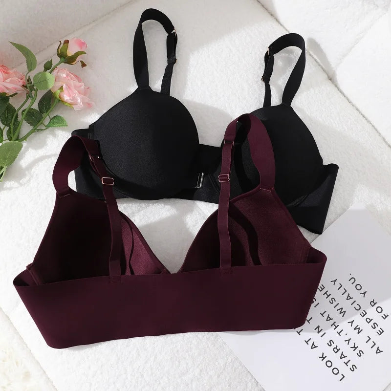 Seamless Push Up Bra Women Deep V Cup Underwear Front Closure Comfort Lingerie Adjustable Strap Plus Size Solid Color