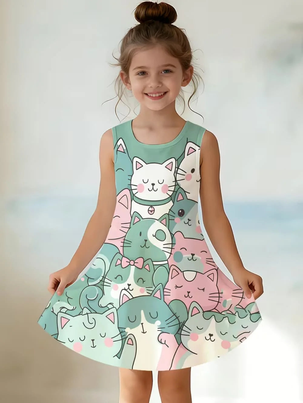 Girl Clothes Cartoon Cat Graphic Printed Girls' Princess Dress Summer Casual Dress for Girls Outfit O-Neck Birthday Gift Clothes