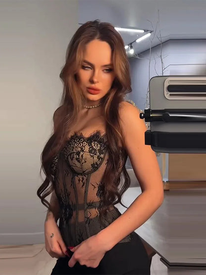 Sexy Women's Lace Fishbone Bandage Vest Black Slim Strapless Backless Female Corset 2026 Spring Summer Lady Beach Party Top New