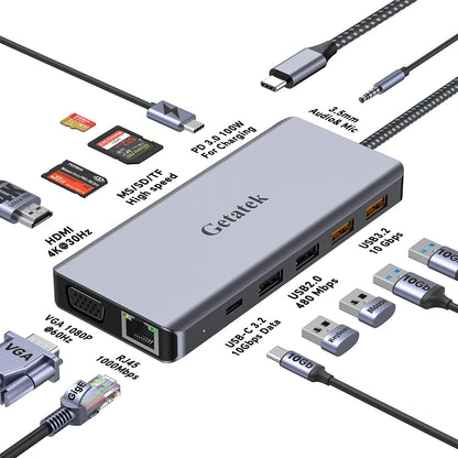 Getatek 13-i-1 USB-C-hubb med HDMI, VGA, RJ45 och kortläsare