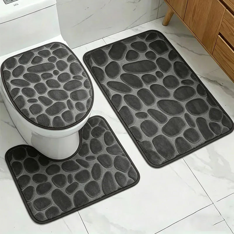1 Set of Solid Color Simple Bathroom Water-absorbing and Non-slip Floor Mat Stone Pattern, Comfortable and Soft, Three-piece Set