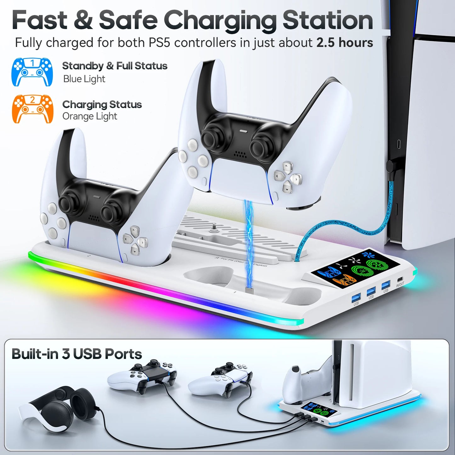 Stand For Sony PS5 Console Playstation Play Station PS 5 Pro Slim Support Cooler Fan Base Holder Control Charger Game Accessory