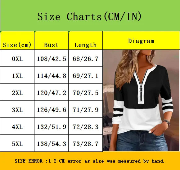 Plus Size Long Sleeve T-Shirt with Geometric Stripes & Color Block Ring Zipper Detail - Fall Fashion