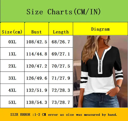 Plus Size Long Sleeve T-Shirt with Geometric Stripes & Color Block Ring Zipper Detail - Fall Fashion