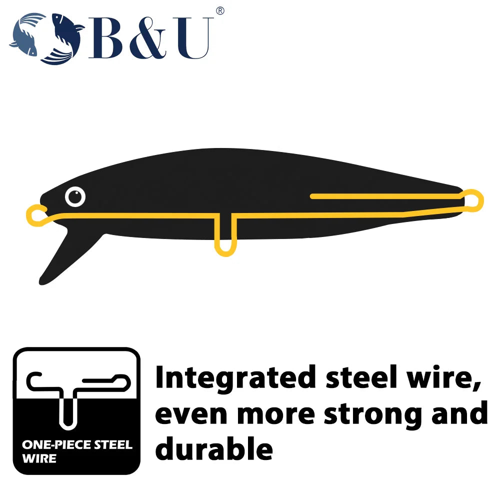 B&U Sinking Sea Fishing Minnow Lure  Long Cast Hard Bait with Sharp Treble Hooks, Saltwater Lures for Sea Bass Pike