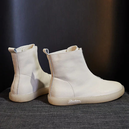 ZXRYXGS British Style Front Zipper Genuine Leather Boots Flat Sneakers 2026 Temperament Trend Autumn Winter Boots Black White