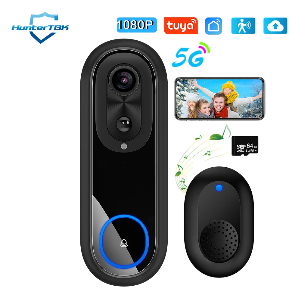 Dual-band WiFi Dörrklocka 1080P – Tuya, IP65, 7000mAh, Röstförvrängning, PIR, USB-chime