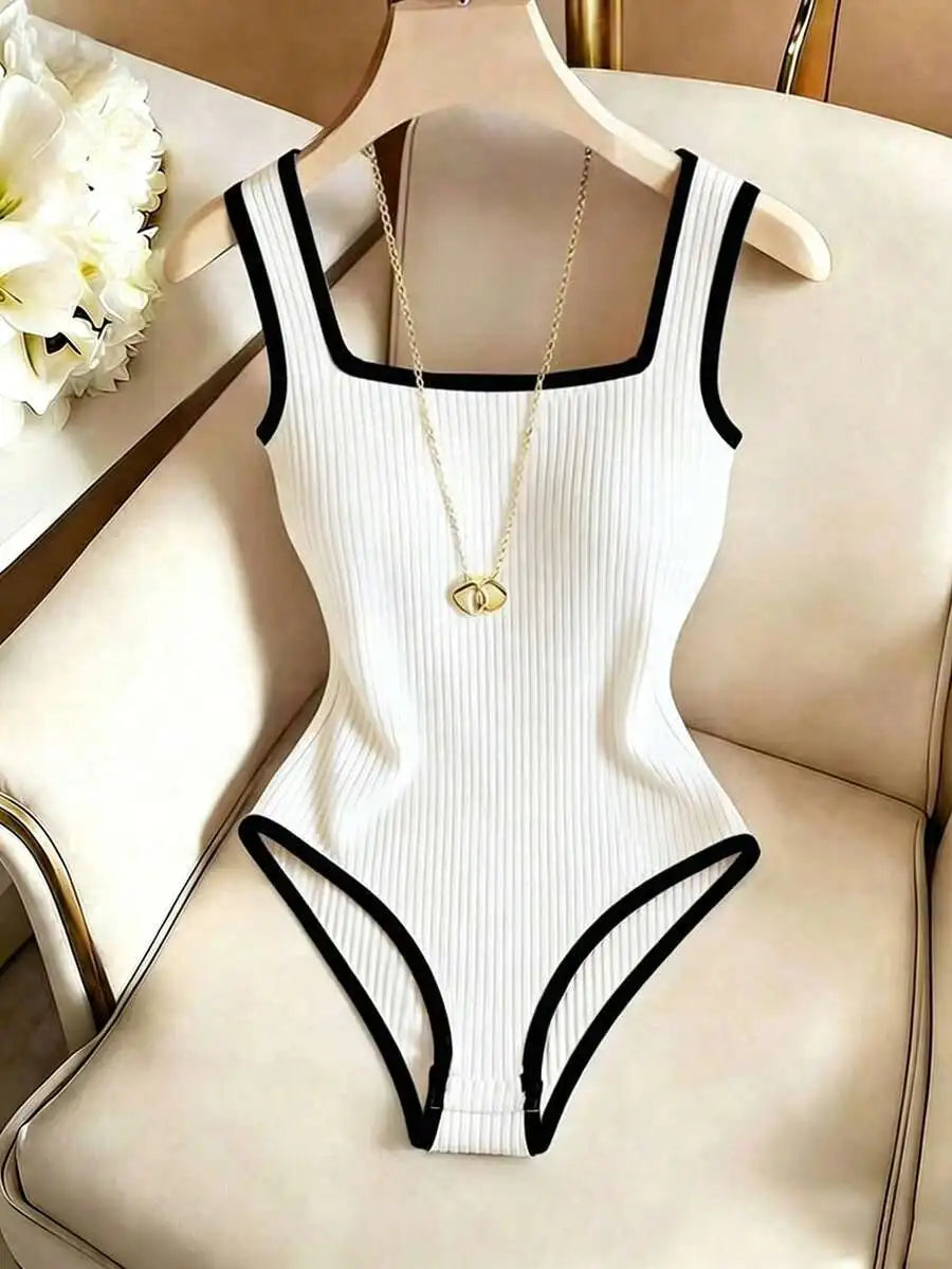 Dam 3-delat Ribbat Bodysuit-set – Fyrkantig Urringning Midjebetonande Backless Strand Nattliv Elegant, 4 Färger XS–XL