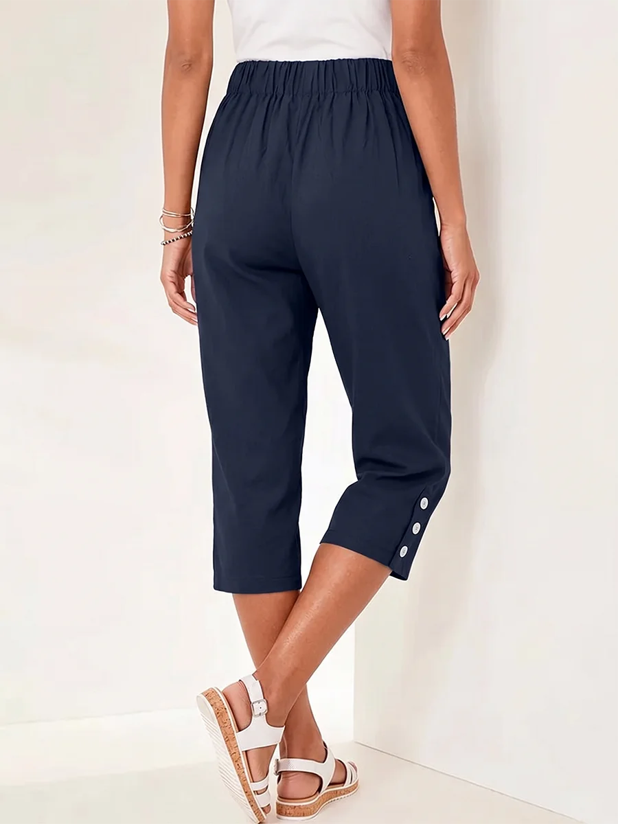 Women's High Waisted Capri Trousers Summer Stretch Cropped Pants with Pocket and Button Details Navy Blue Casual Comfort