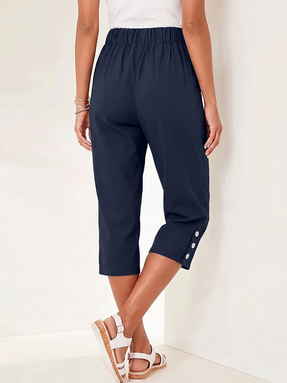 Women's High Waisted Capri Trousers Summer Stretch Cropped Pants with Pocket and Button Details Navy Blue Casual Comfort