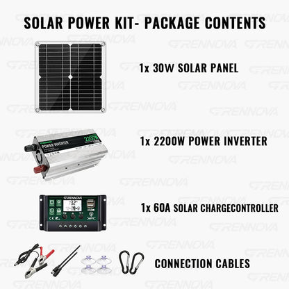 Grennova Solar System Kit with 30W Panel 60A Controller Inverter 2200W Peak (1100W Rated) 12V To 220V 110V for Home Off-Grid RV