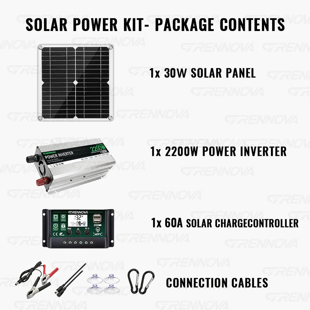 Grennova Solcellskit 30W Panel + 1100W Växelriktare (2200W Peak) + 60A MPPT-regulator – 12V till 220V Off-Grid Husbil