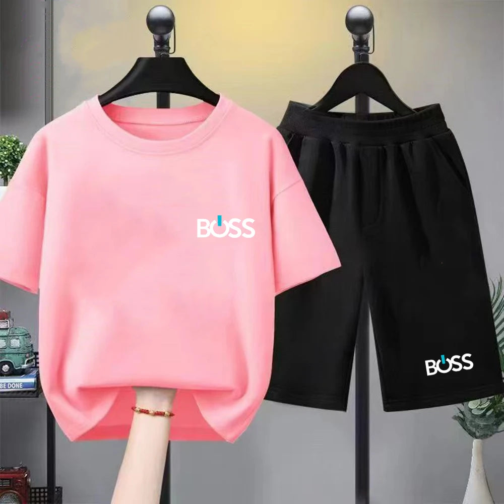 Child T-shirt Summer Short Sleeve Print Children Age 3-12 Girls boy Set white black Tshirt+Shorts 2pcs leisure fashion Kids Set