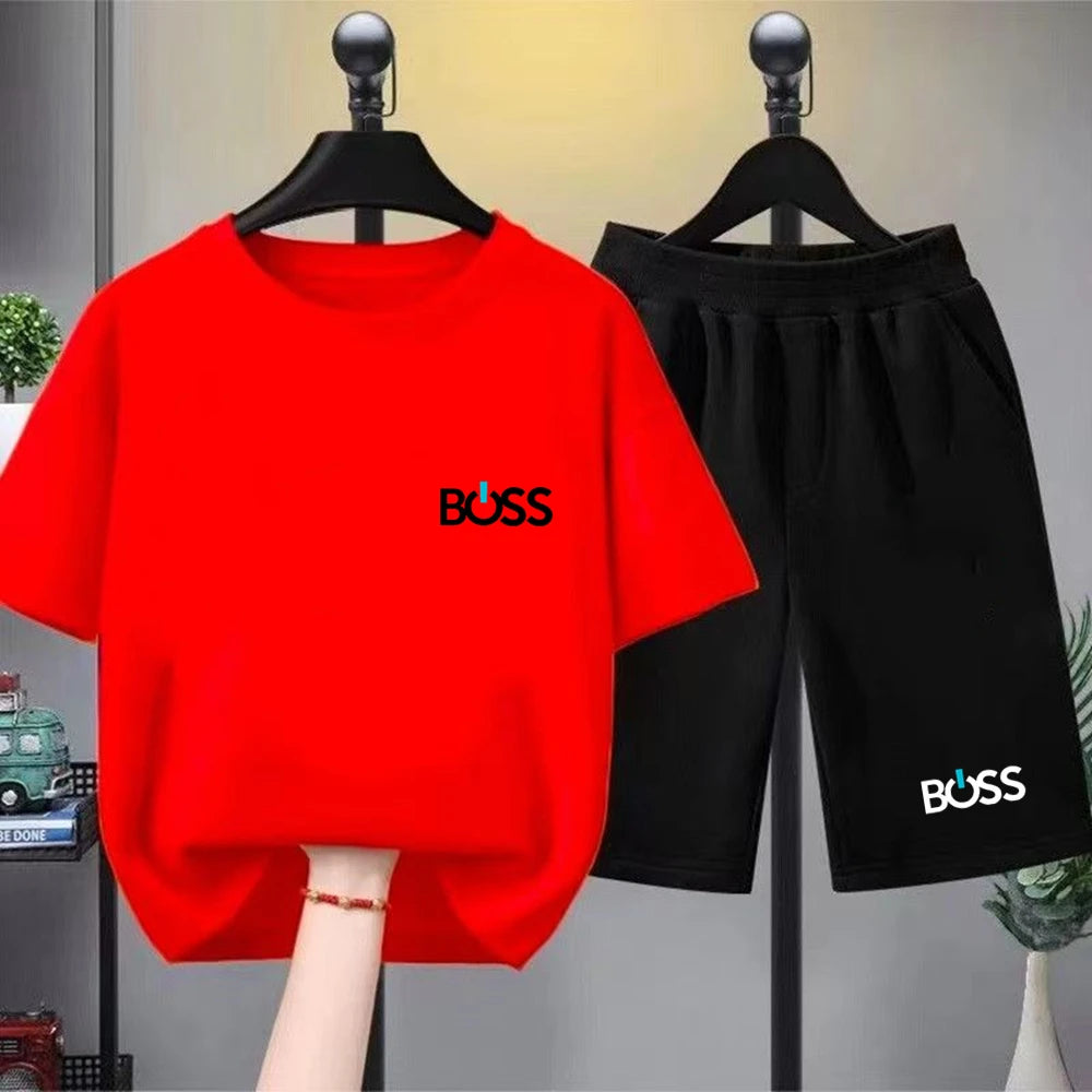 Child T-shirt Summer Short Sleeve Print Children Age 3-12 Girls boy Set white black Tshirt+Shorts 2pcs leisure fashion Kids Set