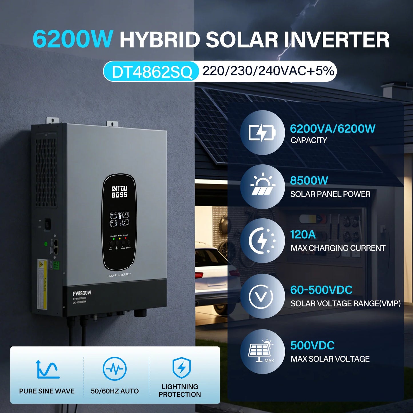 DATOUBOSS Solhybridinverter Ren Sinusvåg – 1,8kW 12V / 3kW 24V / 6,2kW 48V till 220V, Parallellanslutning, EU-lager Polen