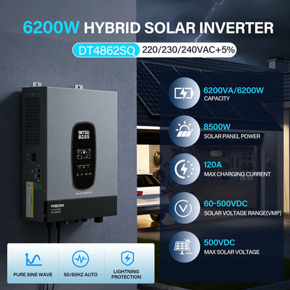 DATOUBOSS Solhybridinverter Ren Sinusvåg – 1,8kW 12V / 3kW 24V / 6,2kW 48V till 220V, Parallellanslutning, EU-lager Polen