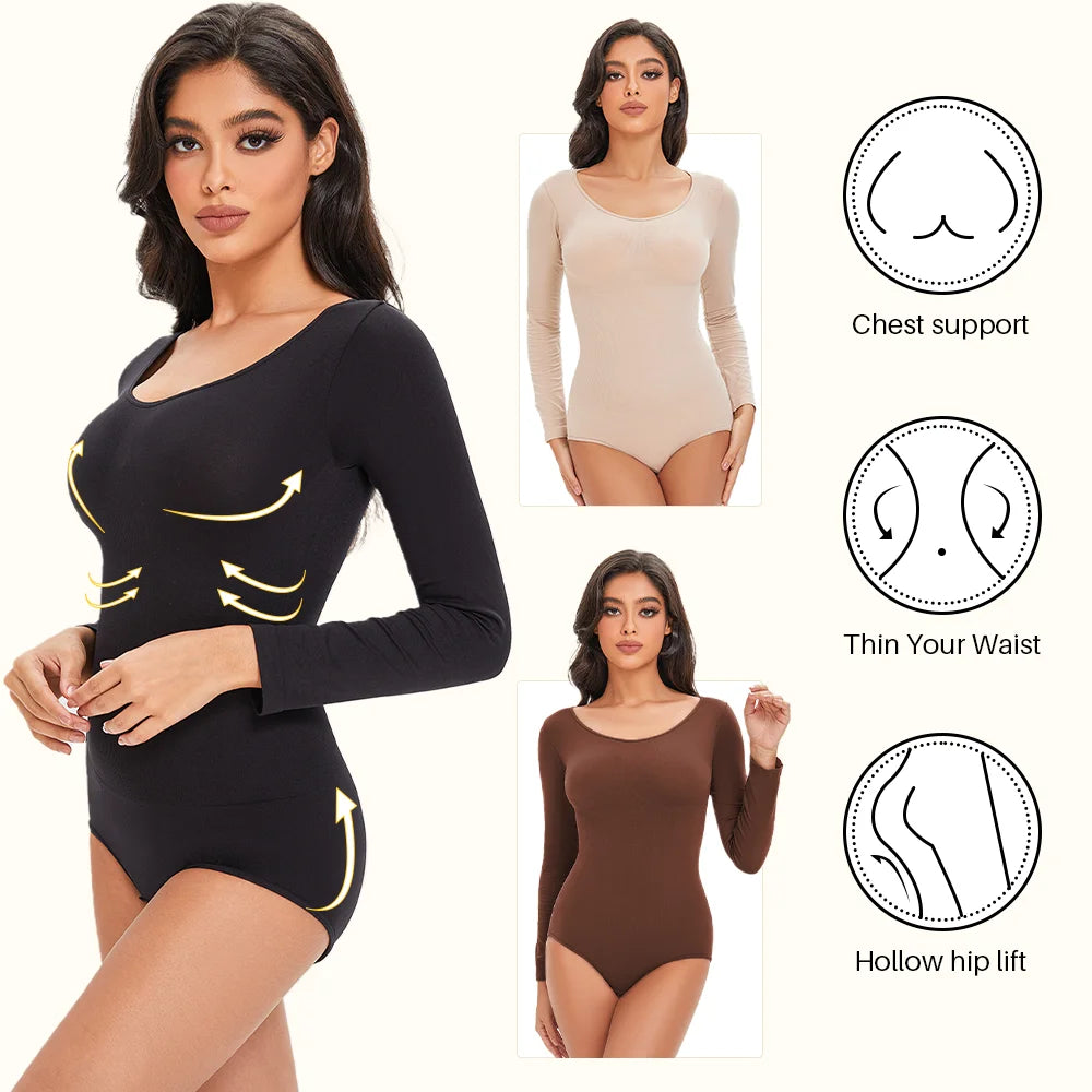 POKARLA Spandex Elastic Body Suit Shapewear Women Body Shaper Tummy Control Long Sleeve Open Crotch Round Neck Seamless Shapers
