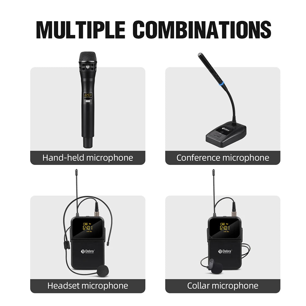Debra DU4004 Wireless Conference Microphone System, UHF 4-channel, lavalier, headset, handheld microphone, for weddings, karaoke