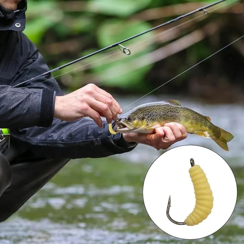 Rubber Maggots Fishing Bait Set with Hooks - Versatile Grub Lures for Bass,Trout,Crappie,Bluegill,Ideal for Freshwater Fishing