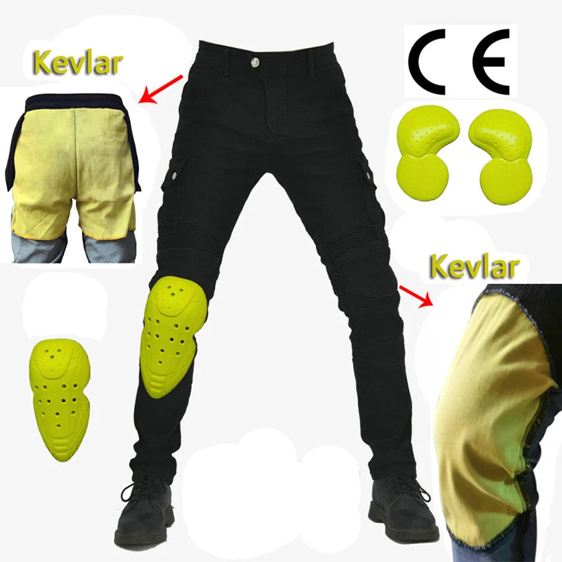 Kevlar MC-byxor med knä- och höftskydd, storlek XXS–5XL