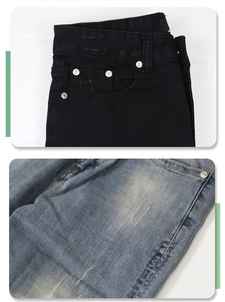 2026 High Quality Men's Jeans Pure Black Ripped Stretch Jeans Men Denim Trousers High Street Style Hip Hop Street Dance Man Jean