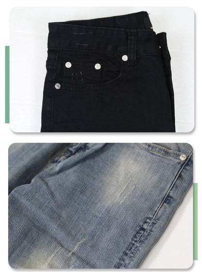2026 High Quality Men's Jeans Pure Black Ripped Stretch Jeans Men Denim Trousers High Street Style Hip Hop Street Dance Man Jean