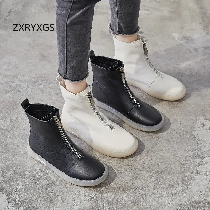 ZXRYXGS British Style Front Zipper Genuine Leather Boots Flat Sneakers 2026 Temperament Trend Autumn Winter Boots Black White
