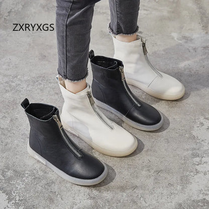 ZXRYXGS British Style Front Zipper Genuine Leather Boots Flat Sneakers 2026 Temperament Trend Autumn Winter Boots Black White
