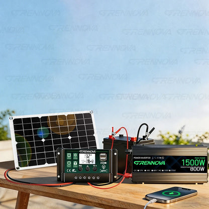 Grennova Solcellskit 750W – Ren Sinusvåg 1500W Peak + 40W Panel + 60A MPPT, 110V/220V Off-Grid Husbil Camping