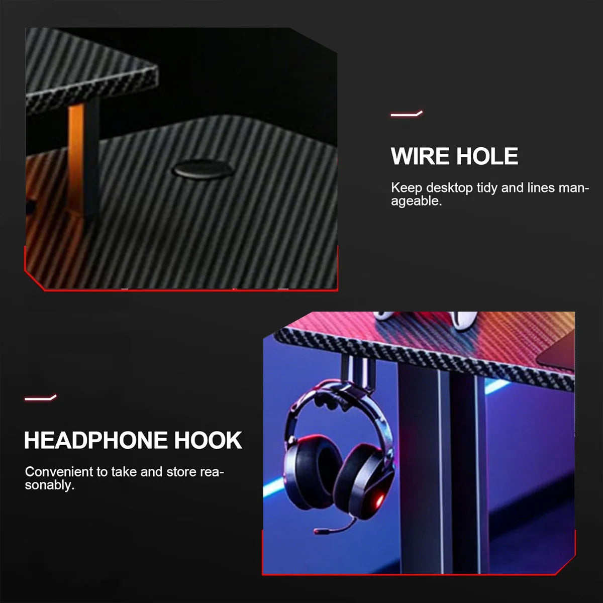 120/140/160CM Gaming Desk with LED Lights & Power Outlet, Ergonomic Carbon Fiber Computer Gamer Desk with Dual Monitor Stand,  Cup Holder & Headphone Hook, Home Office Gaming Table