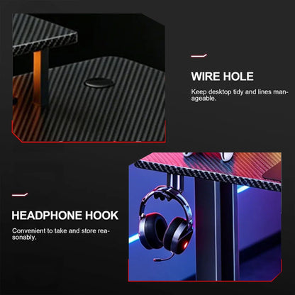 120/140/160CM Gaming Desk with LED Lights & Power Outlet, Ergonomic Carbon Fiber Computer Gamer Desk with Dual Monitor Stand,  Cup Holder & Headphone Hook, Home Office Gaming Table