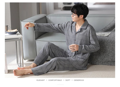 MiiOW Herr Pyjamas Set Vinter – Bomull Långärmad Rutig Grå Krage Plus Size, 8 Färger M–XXXL