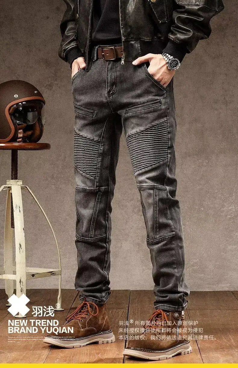 High Street Motorcycle Men's Brand Splice Pockmark Handsome 2025 Autumn Winter New Elastic Slim Fold Long Pants Casual Jeans