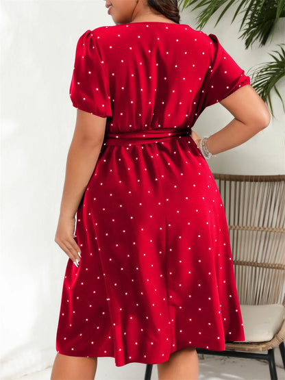 GIBSIE Plus Size Square Neck Polka Dot Belted Dress Women's Elegant Retro Puff Sleeve High Waist Summer A-line Big Swing Dresses