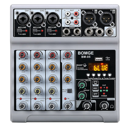 BOMGE 5 Channel Mixer with 3 Mic Line Input 48V Stereo Bluetooth MP3 PC U Dish Recording for Studio with Headphone Monitoring