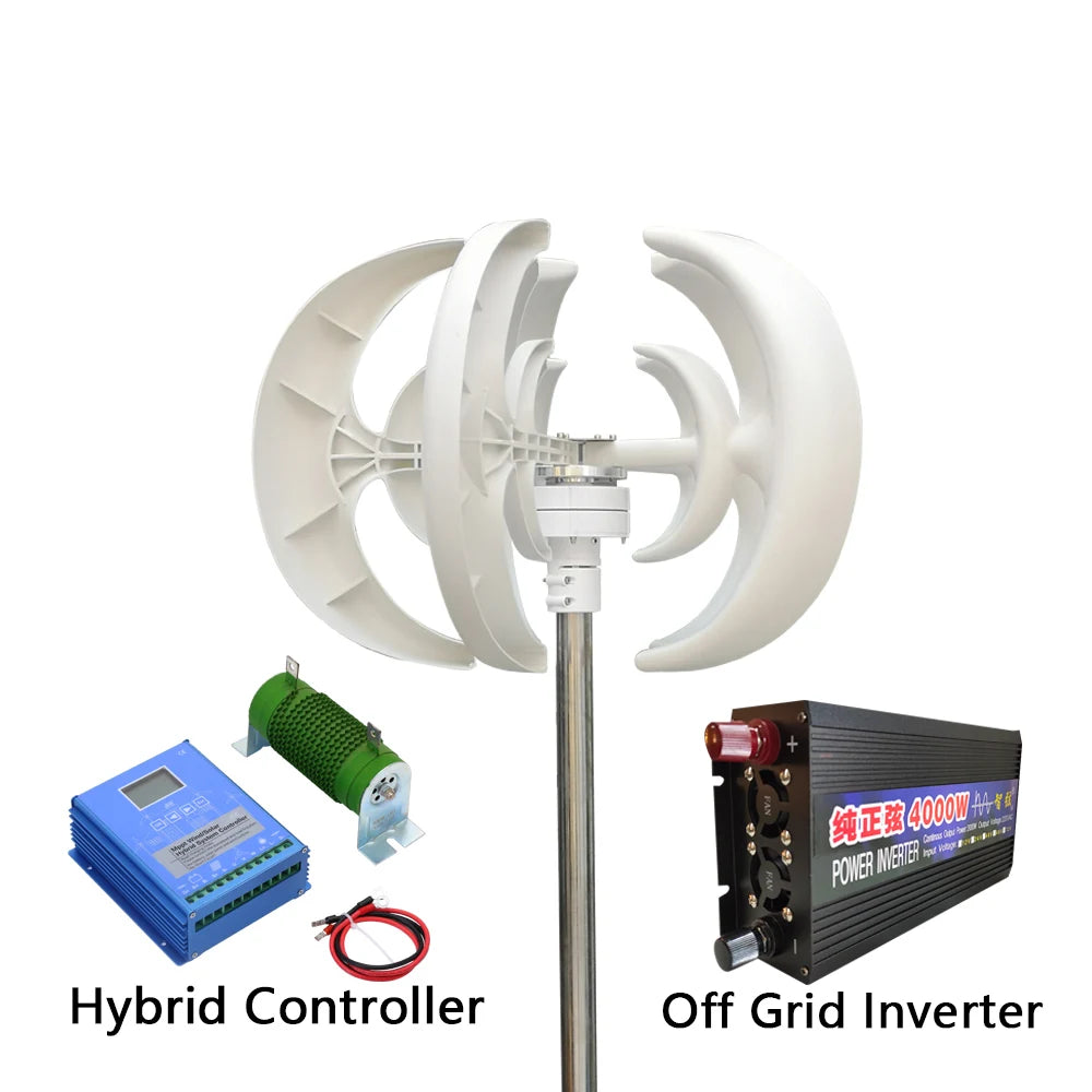 Vertikal Vindturbin 2kW/3kW 12V/24V/48V – Låg Startvindshastighet MPPT Boost, Hybrid Sol+Vind eller Off-Grid Ren Sinusvåg 220V