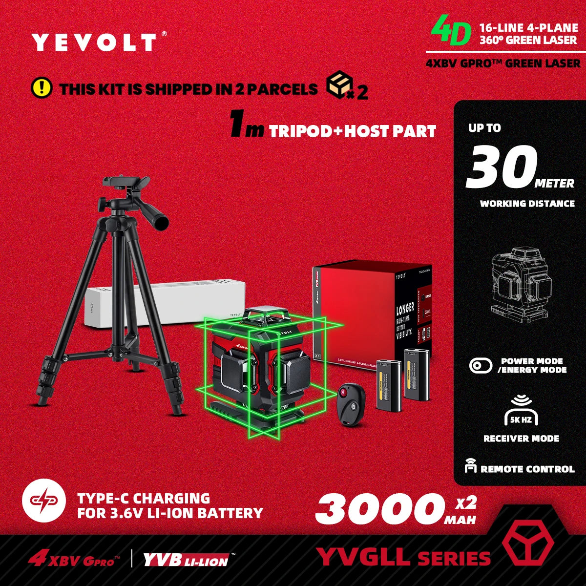 YEVOLT YVGLL4XS16 Grön Lasernivå – 4 Plan, 16 Linjer, Självnivellerande 360° 3D