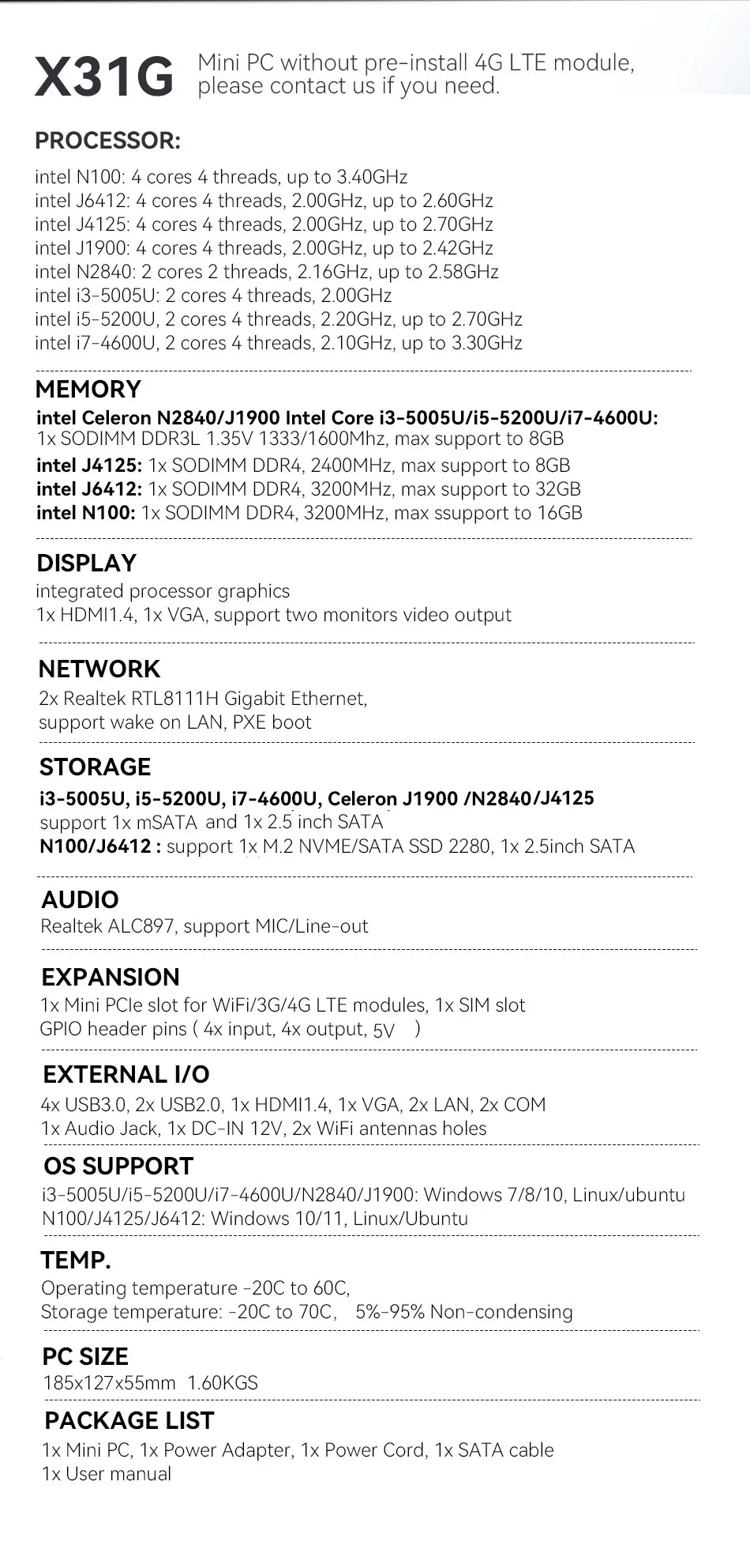 Fanless Industrial Mini PC Intel N100 J6412 Dual LAN 2xCOM RS485 6USB 4G SIM GPIO WiFi Support Computer