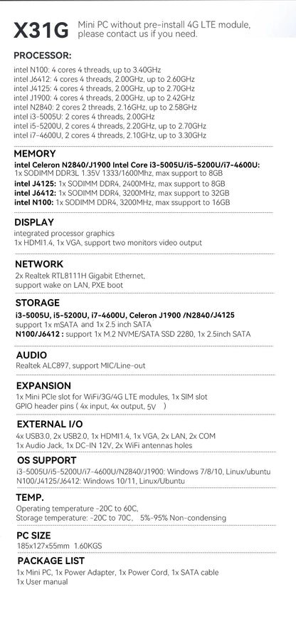 Fanless Industrial Mini PC Intel N100 J6412 Dual LAN 2xCOM RS485 6USB 4G SIM GPIO WiFi Support Computer