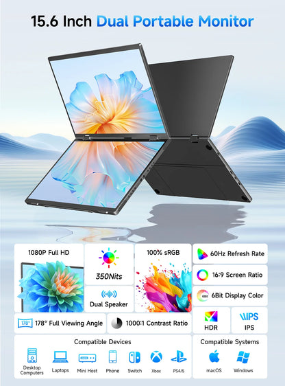 UPERFECT Delta 15.6" Dual Portable Monitor for Laptop Screen Extender 1080P HDR Folding Stacked Triple Travel Computer Display
