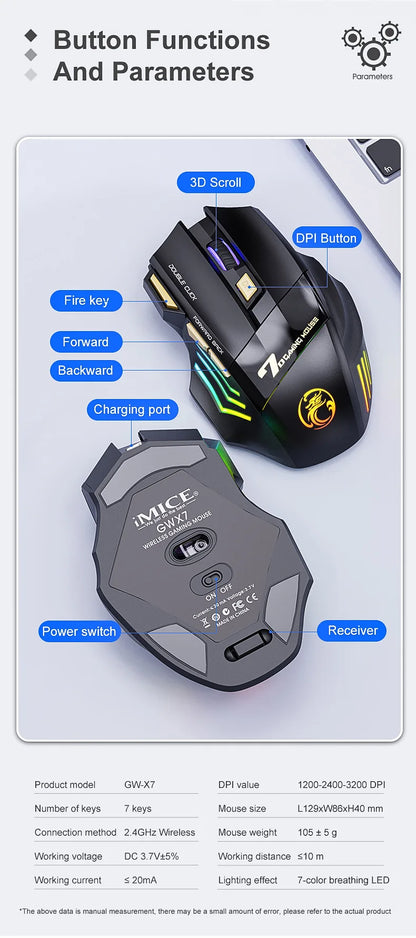 IMICE GW-X7 Wireless Gaming Mouse, 3200DPI Dual-Mode, 7 Programmable Keys, RGB Backlit Rechargeable