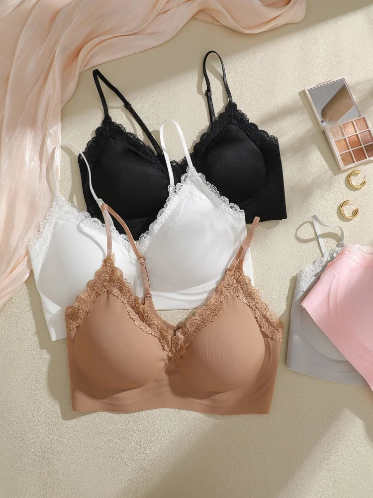 French Lace Bra V Neck Seamless Bra Women's Adjustable Thin Strap Wireless Thin Cup Layering Base Intimates Lingerie Solid S-XL