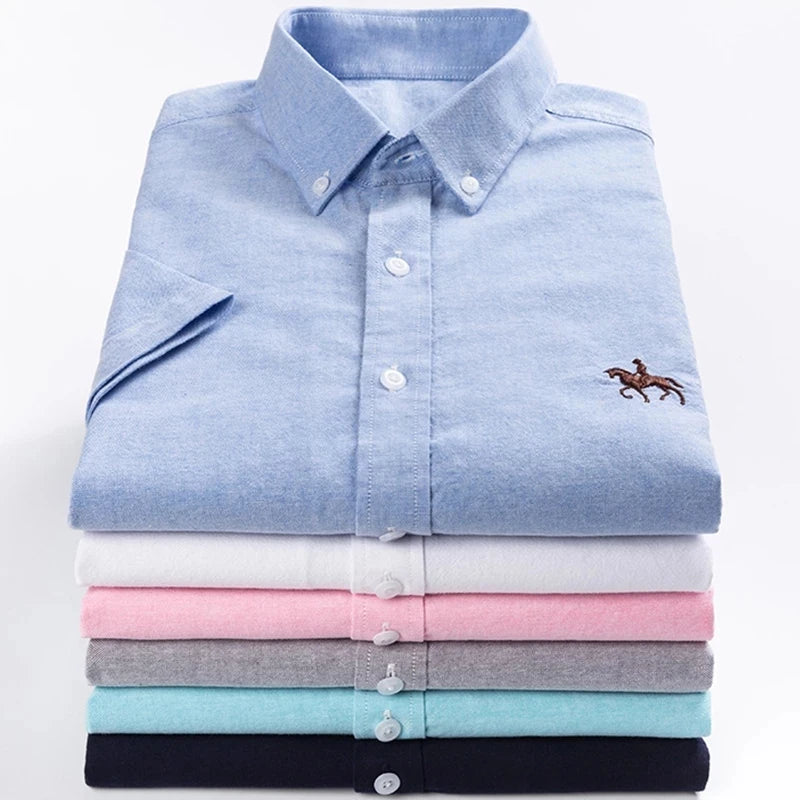 Summer 100% Cotton Oxford Men's Dress Shirts White Short Sleeve Embroidery Soft Comfortable Slim Fit Business Man Casual Shirts