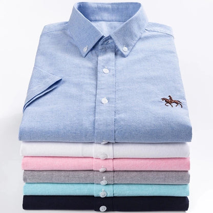 Summer 100% Cotton Oxford Men's Dress Shirts White Short Sleeve Embroidery Soft Comfortable Slim Fit Business Man Casual Shirts