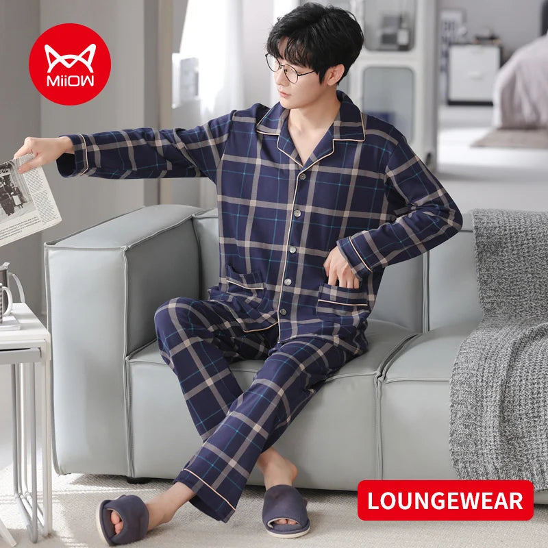 MiiOW Herr Pyjamas Set Vinter – Bomull Långärmad Rutig Grå Krage Plus Size, 8 Färger M–XXXL