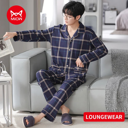 MiiOW Herr Pyjamas Set Vinter – Bomull Långärmad Rutig Grå Krage Plus Size, 8 Färger M–XXXL