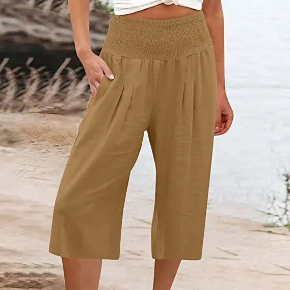 Summer 2024 Amazon Eurn women's cross-border cotton hemp seven waist pocket pocket pocket pocket wide leg pants woman