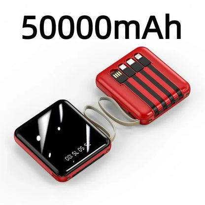 VIVO Mini Powerbank med 4 Inbyggda Kablar – Snabbladdning LED-display Dual USB Svart Vit Röd 50000/100000/200000mAh