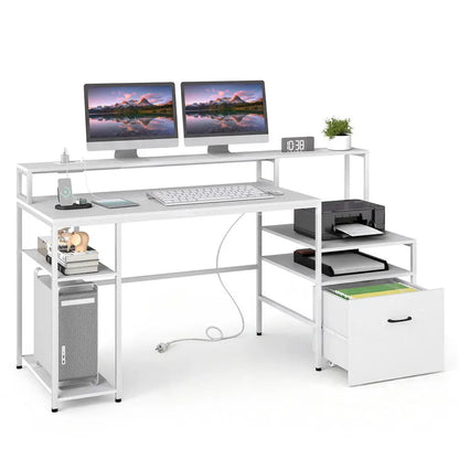 Computer Desk With Charging Station & Raised Monitor Stand, Multi-tiered Desk, 166 X 60 X 88 Cm, White